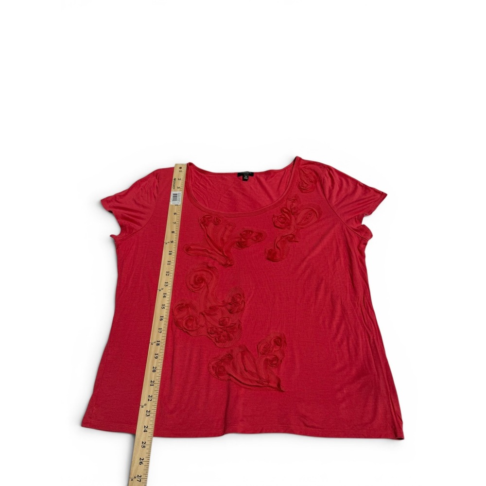 Talbots Womens XL Coral Red Floral Applique Tee Short Sleeve Botanical Top - Picture 5 of 8